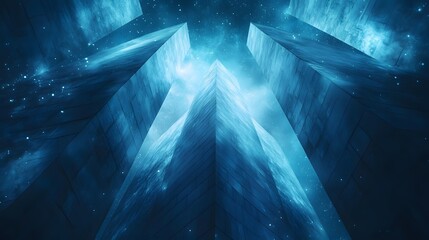 Poster - Ethereal structures rise majestically backlit by stunning blue and white abstract background with triangle shapes and light