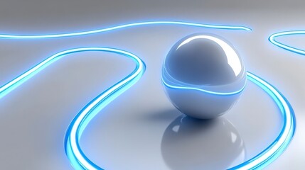 Poster - Glowing Blue Lines and White Sphere on Glossy Surface in Abstract Style