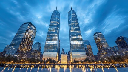 Wall Mural - Twin towers at dusk, reflecting pools, city skyline.