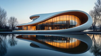 Poster - Elliptical a unique oval-shaped building reflecting in a serene body of water under a bright blue sky architectural marvel
