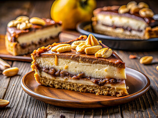 Wall Mural - A delicious slice of banana-layered cookie pie with chocolate, coconut cream, and honey-roasted nuts. Tasty dessert food background