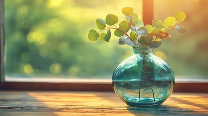 Canvas Print - Sunlight through window, eucalyptus vase on wooden sill