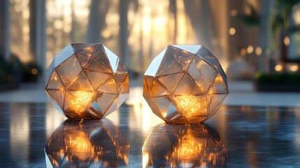 Poster - Dual polyhedra arranged on a reflective table illu two clear crystal balls on a table with artistic lighting effects
