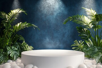 Wall Mural - White pedestal, tropical plants, blue backdrop, product display