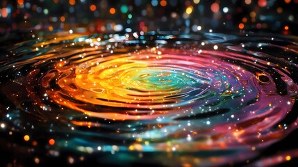 Poster - Cosmic echoes ripple through space showcasing vibrancy in a colorful swirl with water droplets and celestial beauty