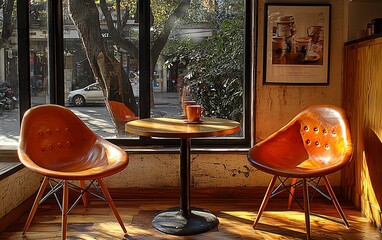 Poster - Sunny cafe, two chairs, city view, coffee cups, relaxing atmosphere