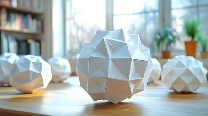 Poster - Convex polyhedra convex polyhedra with sharp edges on a wooden table showcasing geometric shapes and artistic design elements
