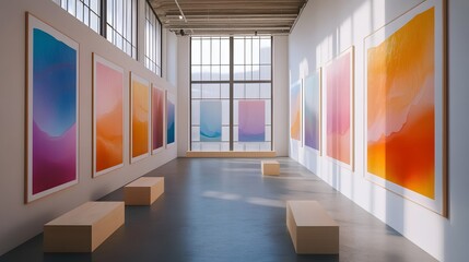 Poster - Conceptual space frameworks minimalist gallery wit a long hallway featuring colorful paintings and artistic decor elements