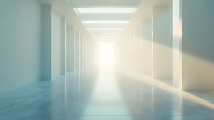 Poster - conceptual space frameworks minimalist gallery with light streaming through long hallway walls creat