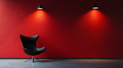 Poster - Bold a striking red wall with a single black chair creating a vibrant and modern interior design atmosphere 