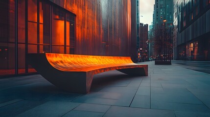 Poster - Avant-garde bold artistic installation in an urban setting with a unique bench on a sidewalk in the city landscape