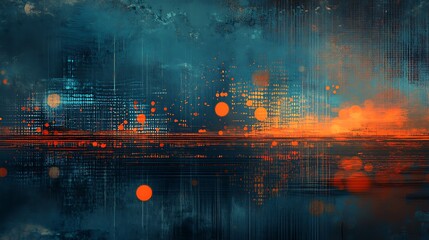 Poster - Abstract digital art with geometric shapes and glowing orange lights