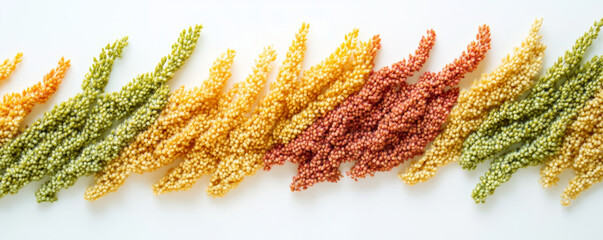 Colorful millet ears arranged in natural pattern, showcasing vibrant hues of yellow, green, and red. This visually appealing display highlights beauty of nature