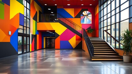Poster - Artistic spatial interventions bold mural in an opulent hallway featuring a staircase and vibrant plant decor 