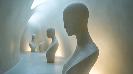 Poster - Anomalous shapes unique abstract figures under spo ed20d98e-d301-4ea2-846b-66490b8d1434 3 in a fog-filled room showcasing artistic sculptures