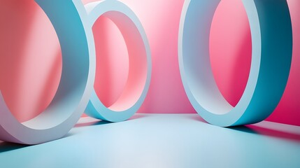 Poster - Aesthetic geometry interlocking circles in pastel colors on blue and pink background with artistic design elements