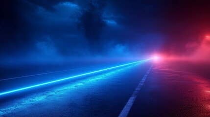 Poster - Neon Light Trails on Wet Road at Night with Red and Blue Lighting