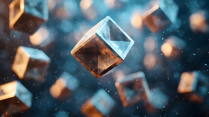 Poster - Abstract polyhedra floating in soft light with over a blue background