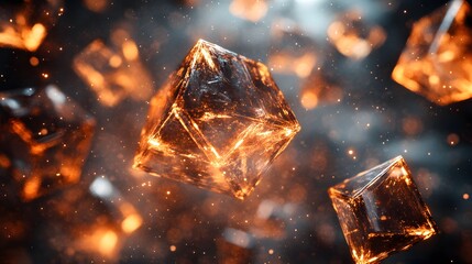 Poster - Abstract polyhedra floating in soft light with a  shimmering diamonds in the air