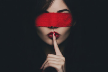 Wall Mural - A woman with a red bandana covering her face is holding her hand to her mouth