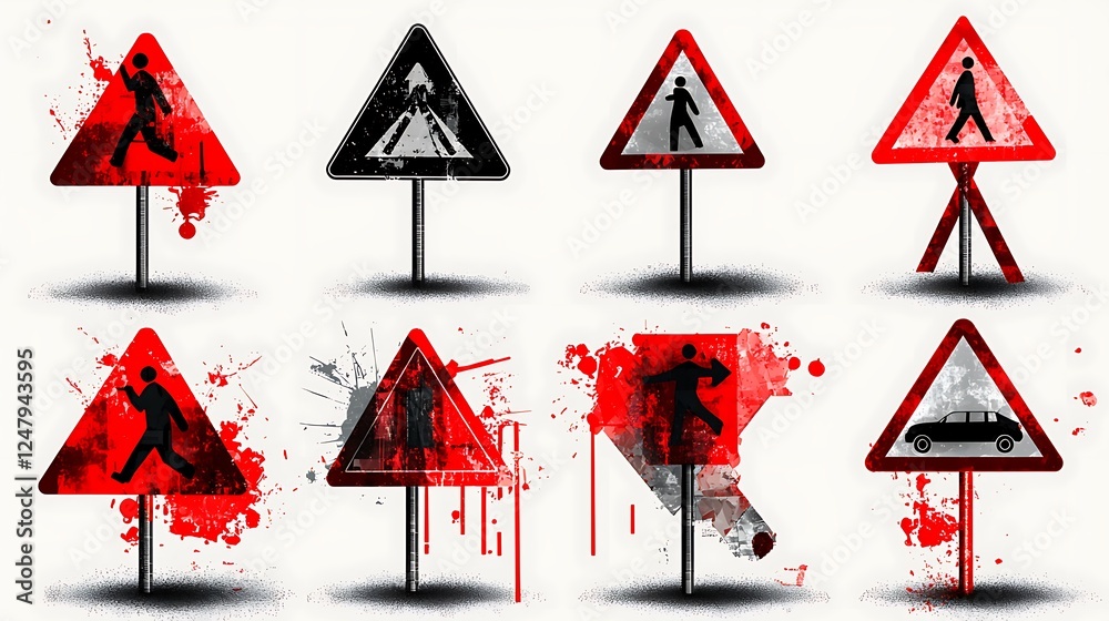 Bloody pedestrian crossing signs, accident scene, safety warning ...
