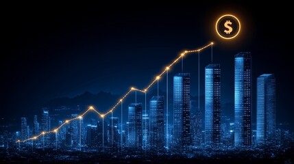 Poster - Financial Growth Night Cityscape Skyline Economic Success Business Upward Trend