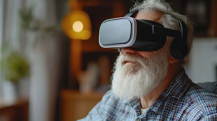 Senior man using VR headset at home.