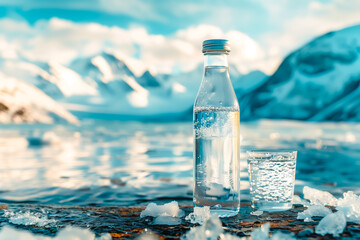 Bottle and glass of pouring crystal water against blurred nature snow mountain landscape background. Organic pure natural water. Healthy refreshing drink.