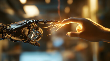 Poster - A robotic hand reaches towards a human hand, creating a spark of energy, symbolizing the connection between technology and humanity.