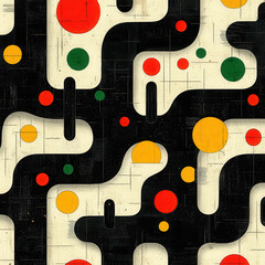 Poster - Abstract pattern with bold colors and shapes, featuring swirling forms and vibrant dots. Ideal for backgrounds, textures, or creative projects. Copy space for text 
