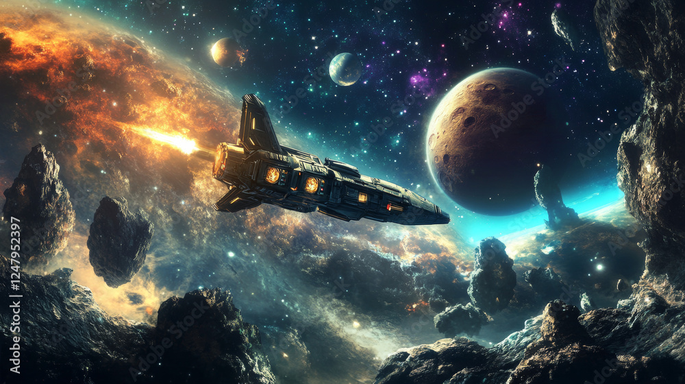 Game level map with floating islands and star rating, flying spaceship ...