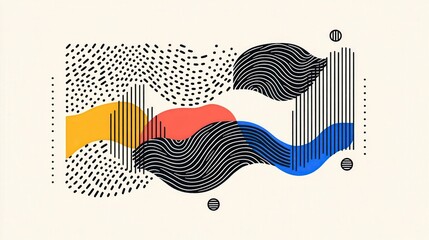 Wall Mural - Abstract Colorful Wave Patterns with Black Lines and Dots