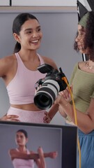 Poster - Smile, photographer and teamwork with camera, studio and happy for pictures in agency, women or internship. Production, model and preparation for photoshoot in set, artist or decision for photography