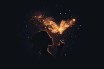 Wall Mural - A woman is reaching out to a butterfly in the sky