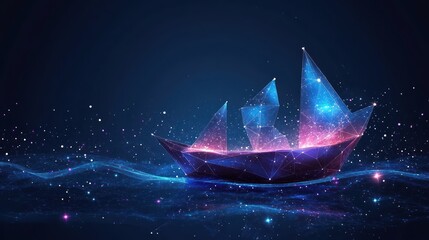 Wall Mural - Glowing polygonal sailboat on dark water.