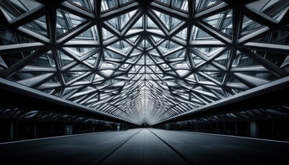 Poster - This striking image showcases a modern architectural design featuring an intricate glass and metal ceiling structure, creating a dramatic and spacious atmosphere in a minimalist environment.
