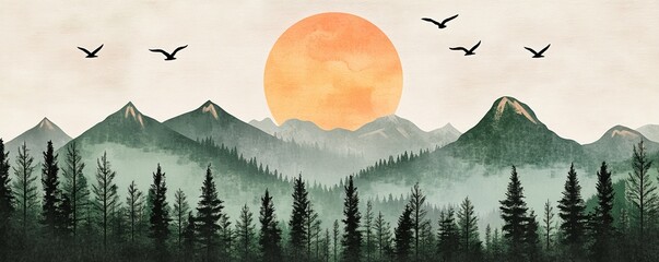 Wall Mural - Misty mountain sunset, birds flying, forest scene, wall art