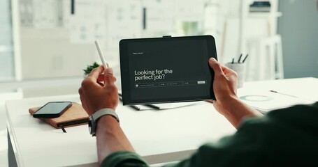 Aufkleber - Hands, tablet and screen in office for job search, application and website development at company. Person, ux and platform for contact, support and recruitment software with review at startup agency