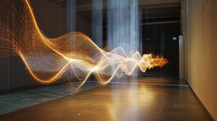 Poster - Dynamic Light Installation Creates Waves of Golden Radiance in Gallery