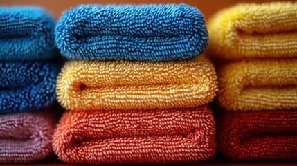 Colorful Stack of Folded Soft Terrycloth Towels Close Up Texture