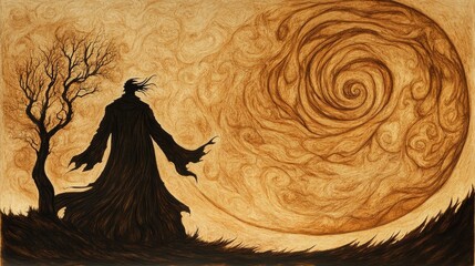 Canvas Print - Ethereal figure standing near a bare tree under a swirling sky rendered in warm earthy tones evokes a sense of mystery and solitude