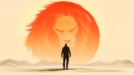 a solitary figure faces a colossal lion spirit in a vast sun-drenched desert landscape symbolizing c