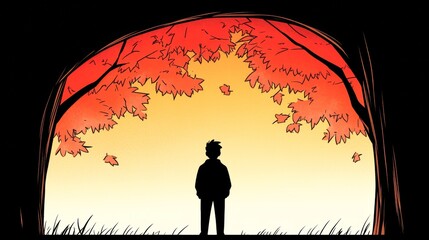 Poster - Silhouette figure stands beneath vibrant autumn leaves against a warm sunset sky A peaceful contemplative moment in nature