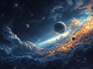 Wall Mural - planets shine among celestial clouds an ethereal cosmic vista unfolds space exploration imagery
