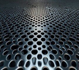 Poster - This striking image features a close-up view of a metallic mesh with varying sized holes, creating a captivating interplay of light and shadow on its surface.