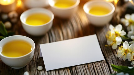 Wall Mural - Jasmine tea ceremony with blank card on rustic wooden table.