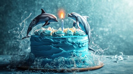 Wall Mural - Two dolphins playfully leap from a blue ocean-themed birthday cake with a single lit candle.