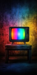 Poster - A vintage television set radiates vibrant rainbow hues against a textured, gradient background.