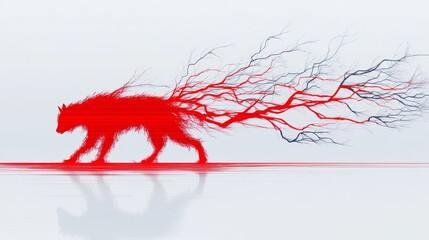 Canvas Print - Stylized red animal with abstract tree branch tail walks across a light surface The image has an artistic fantastical and digital feel