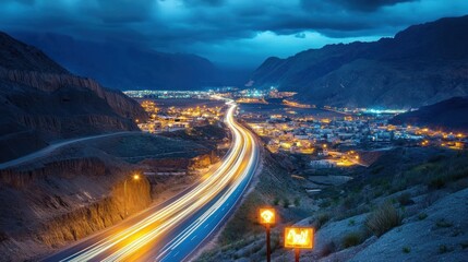 Wall Mural - Night highway through mountain valley town with light trails.